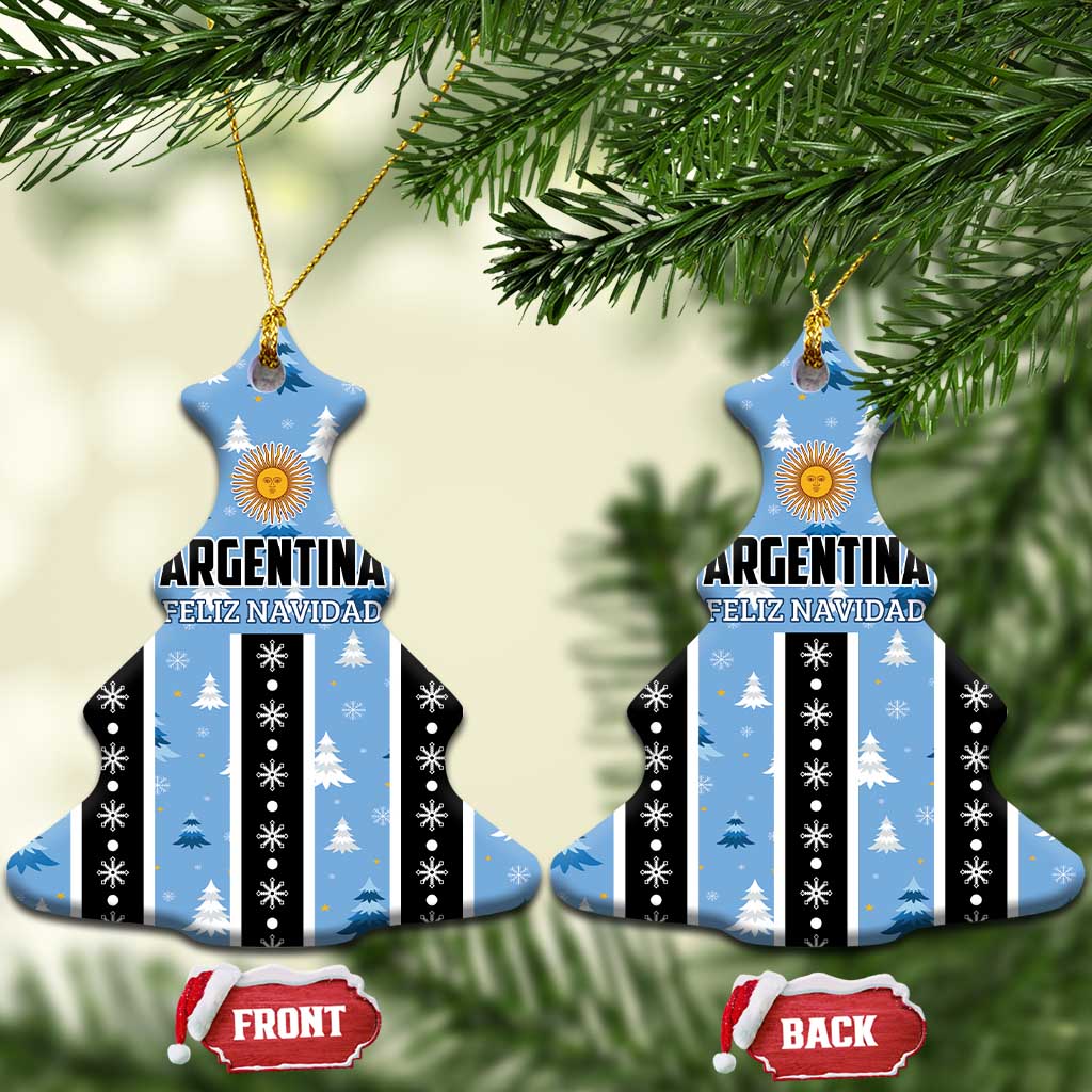 Blue bell-shaped Argentina Feliz Navidad ornaments hanging on a tree, striped with gold sun.