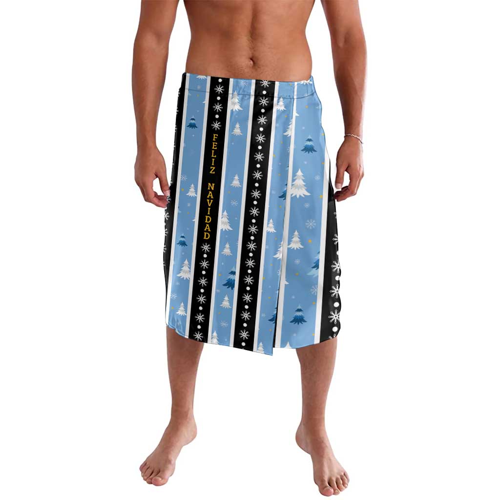 Blue festive sarong swim skirt with vertical stripes, Christmas trees and snowflakes