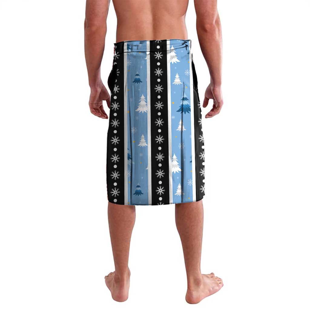 Blue vertical-striped sarong with black panels, Christmas trees and snowflake icons