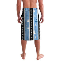 Blue vertical-striped sarong with black panels, Christmas trees and snowflake icons