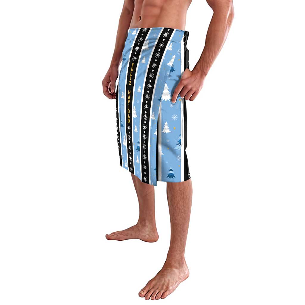 Blue holiday sarong with tree-and-snowflake print, pleated front and striped panels