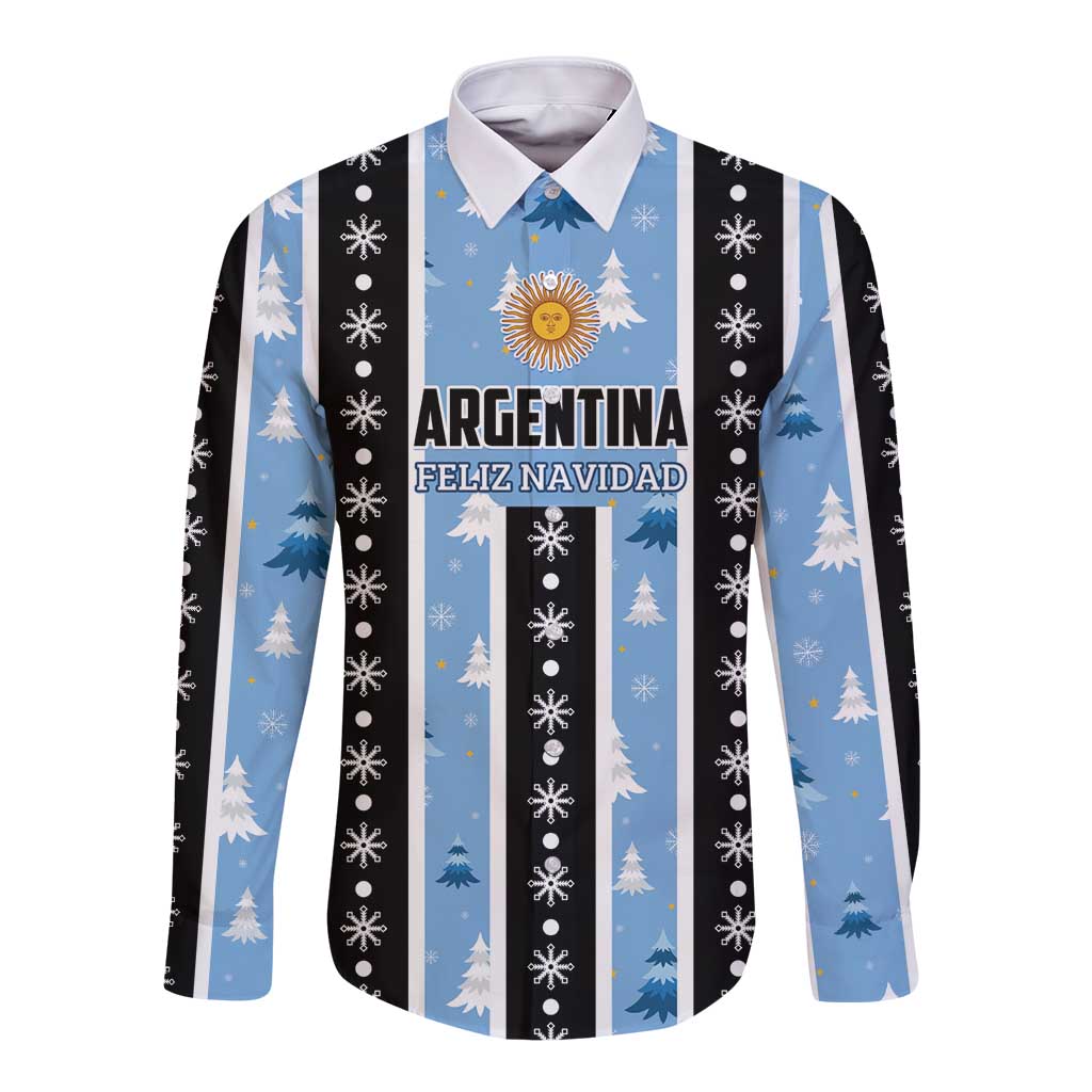 Long-sleeve button-up shirt with blue/black holiday stripe print and Argentina text