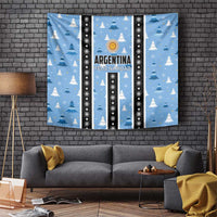Blue Christmas tapestry: pine trees, sun emblem, and 'Argentina Feliz Navidad' text center