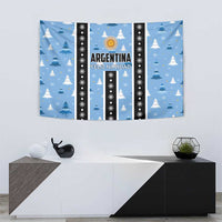 Blue Christmas tapestry with pine trees, sun emblem, and 'Argentina Feliz Navidad' message
