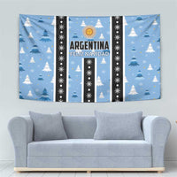 Blue Christmas tapestry featuring pine trees, vertical black stripes, and 'Argentina Feliz Navidad'