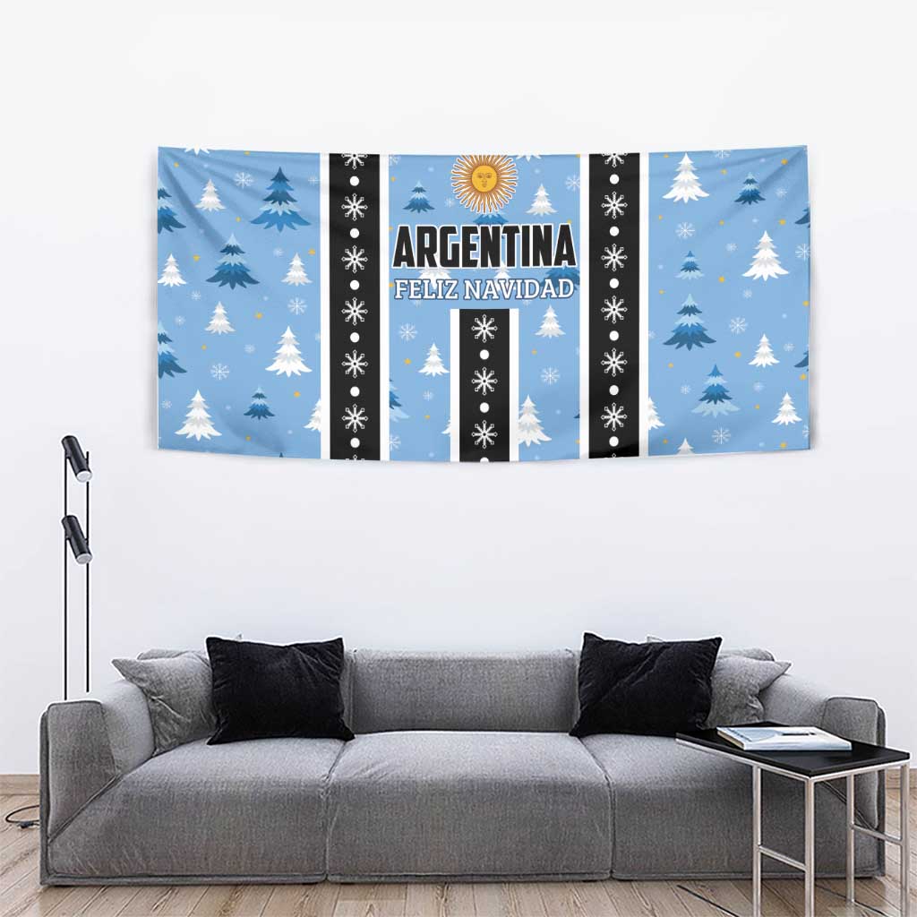 Blue Christmas tapestry with pine trees and 'Argentina Feliz Navidad' text on central panel
