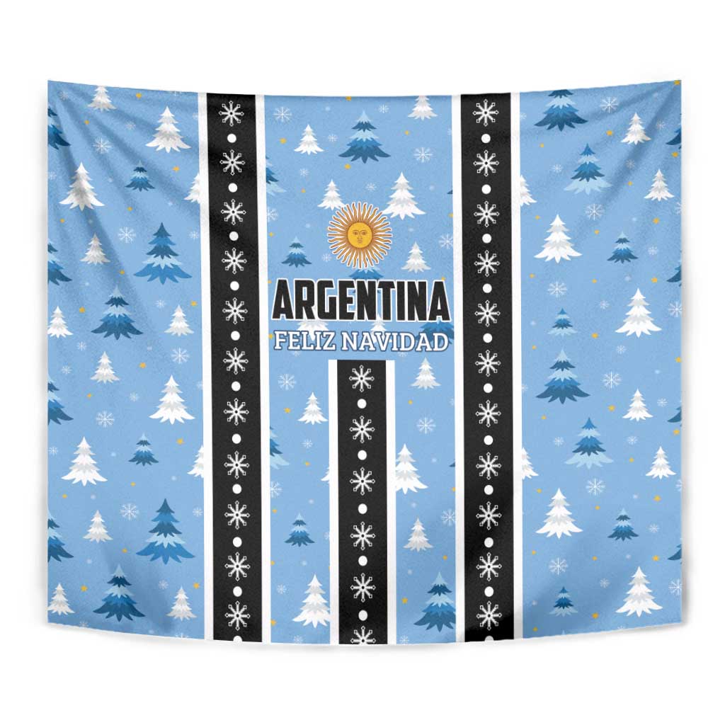 Blue Christmas tapestry close-up: pine trees, sun emblem, and 'Argentina Feliz Navidad' text