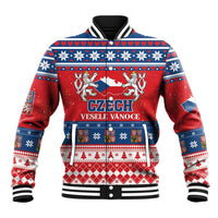 Red and blue festive baseball jacket with Czech-themed graphic, ribbed collar and cuffs.