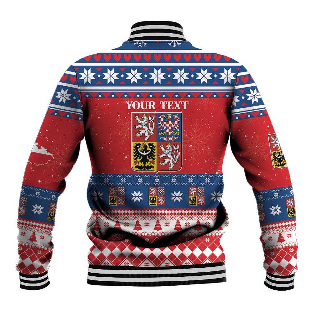 Red and blue baseball jacket, back shows crest emblem and striped holiday pattern.