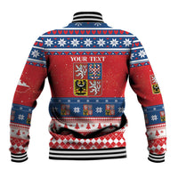 Red and blue baseball jacket, back shows crest emblem and striped holiday pattern.