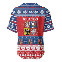 Red and blue Christmas baseball jersey with back personalized crest text panel and festive pattern
