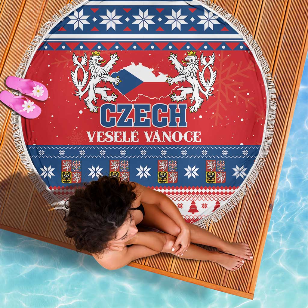 Red round beach blanket with Czech crest and “CZECH VESELE VANOC(E)” text, patterned trim fringe