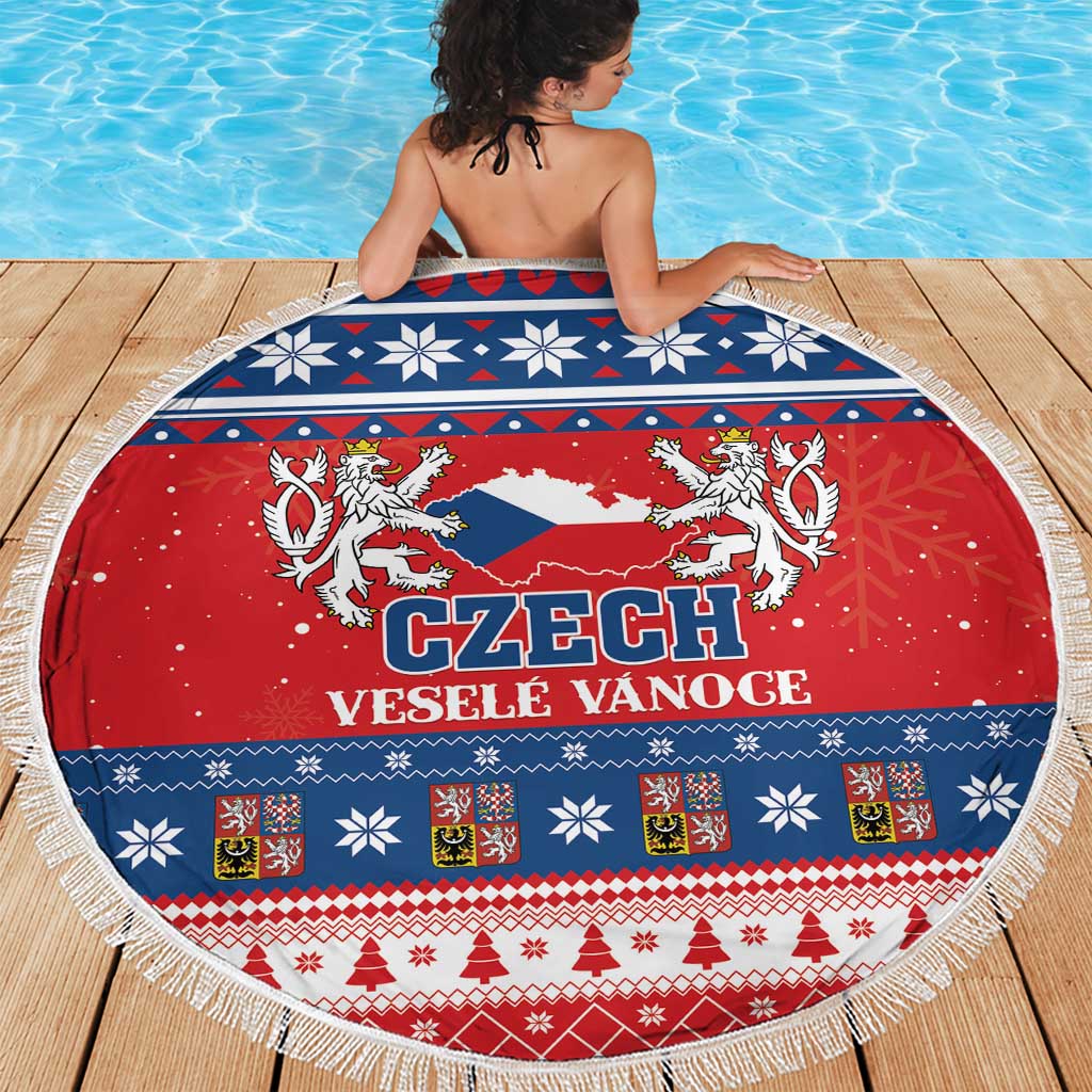 Red round beach blanket with Czech crest and “CZECH VESELE VANOC(E)” across center, fringed edge