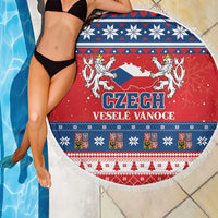 Red round beach blanket with Czech crest and “CZECH VESELE VANOC(E)” center, fringed border