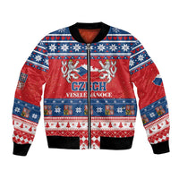 Red Christmas bomber jacket with zip front, festive Czech patterned graphics and lettering