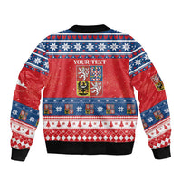 Red Christmas bomber jacket back with crest panel and 'YOUR TEXT' area, ribbed cuffs