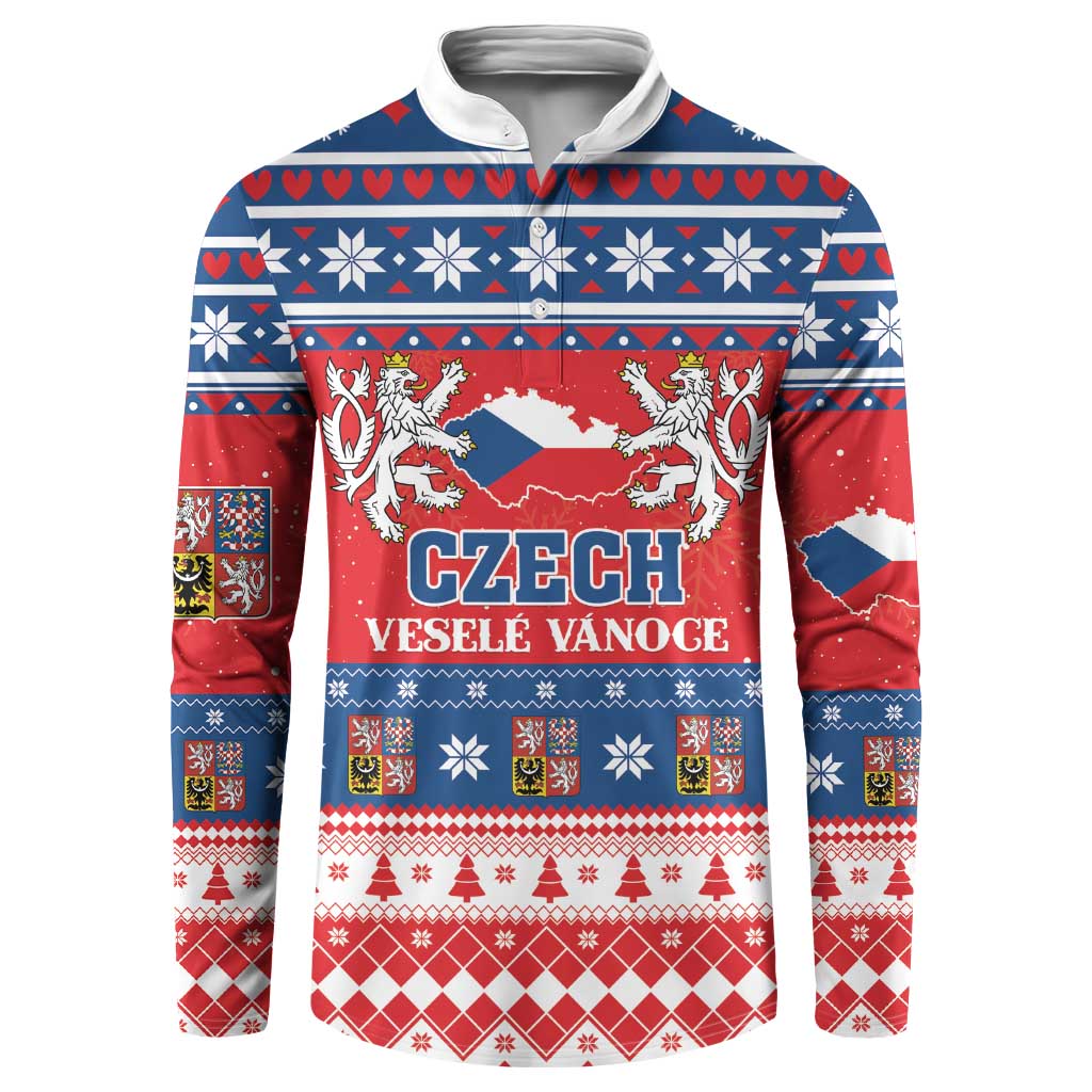 Red and blue patterned button-up Christmas sweatshirt with Czech crest front