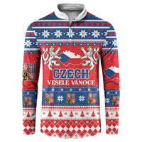 Red and blue patterned button-up Christmas sweatshirt with Czech crest front