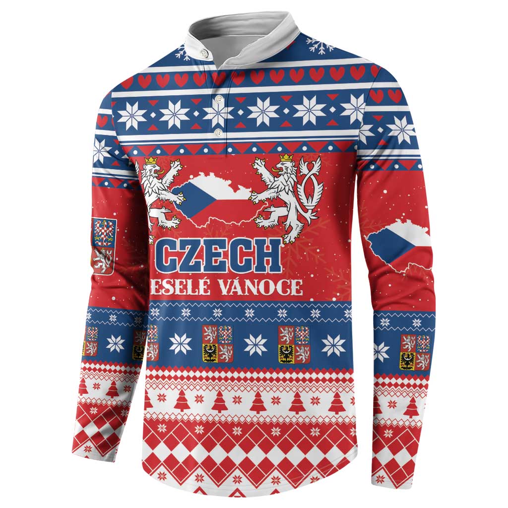Red and blue patterned button-up Christmas sweatshirt with Czech crest and snowflakes
