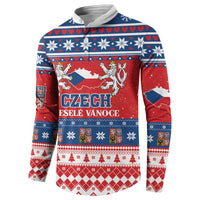 Red and blue patterned button-up Christmas sweatshirt with Czech crest and snowflakes