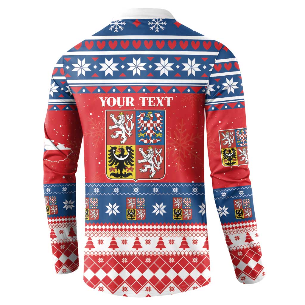 Red and blue patterned button-up Christmas sweatshirt with back "YOUR TEXT" crest