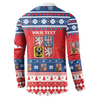 Red and blue patterned button-up Christmas sweatshirt with back "YOUR TEXT" crest