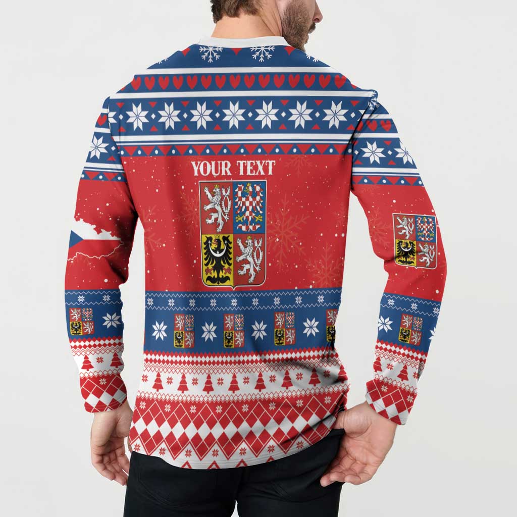 Red and blue patterned button-up Christmas sweatshirt with back "YOUR TEXT" graphic