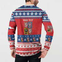 Red and blue patterned button-up Christmas sweatshirt with back "YOUR TEXT" graphic