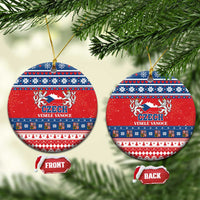 Red ceramic circular Christmas ornament with Czech coat design, blue folk bands, gold loop