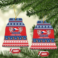 Red ceramic bell Christmas ornament with Czech coat design, blue folk bands, gold loop