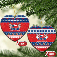 Red ceramic heart Christmas ornament with Czech coat design, blue folk bands, gold loop