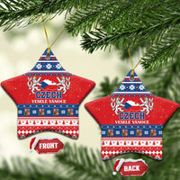 Red ceramic star Christmas ornament with Czech coat design, blue folk bands, gold loop