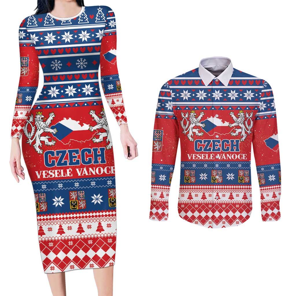 Personalized Czech Republic Christmas Couples Matching Long Sleeve Bodycon Dress and Long Sleeve Button Shirt Czechia Vesele Vanoce - Wonder Print Shop