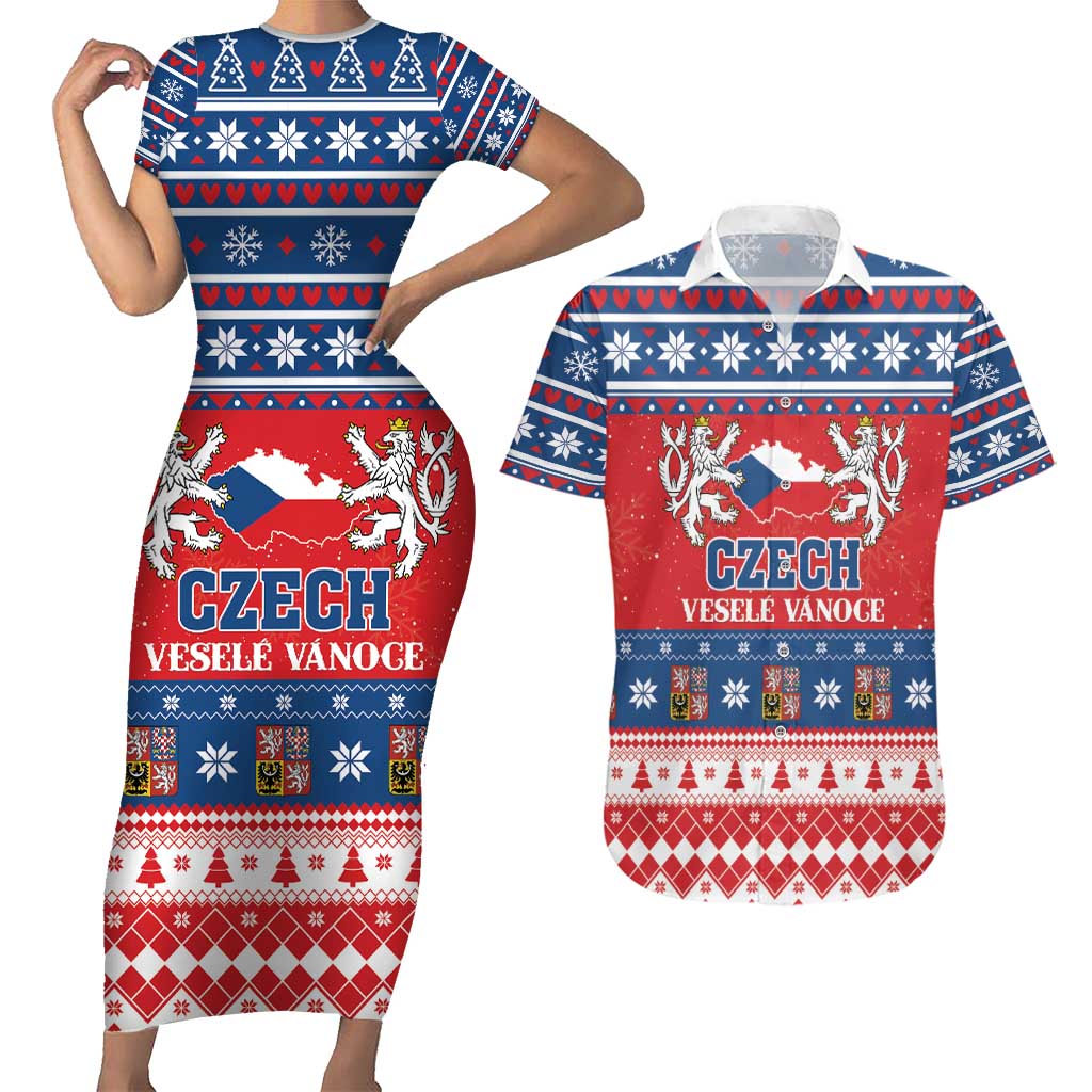 Personalized Czech Republic Christmas Couples Matching Short Sleeve Bodycon Dress and Hawaiian Shirt Czechia Vesele Vanoce - Wonder Print Shop