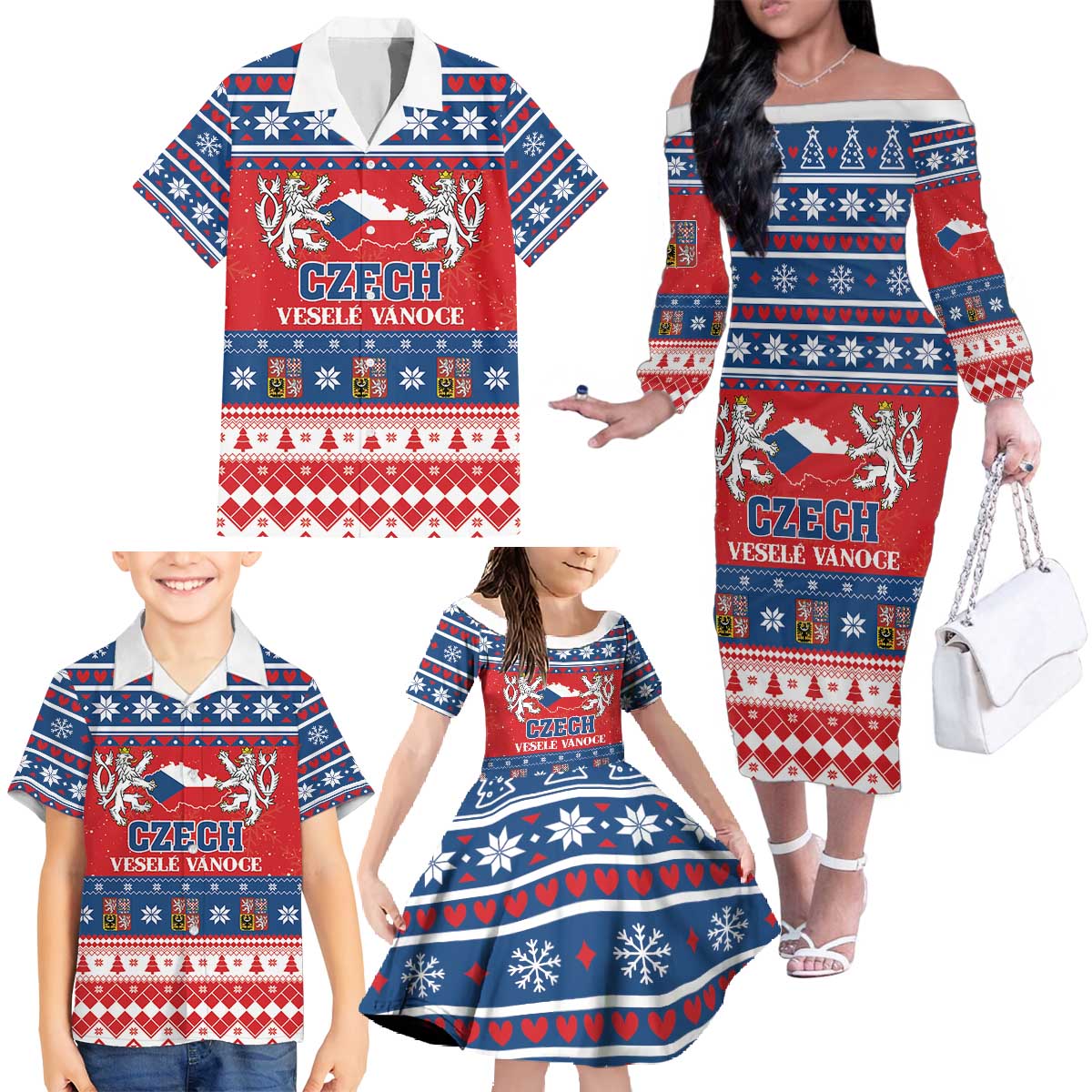 Personalized Czech Republic Christmas Family Matching Off The Shoulder Long Sleeve Dress and Hawaiian Shirt Czechia Vesele Vanoce - Wonder Print Shop