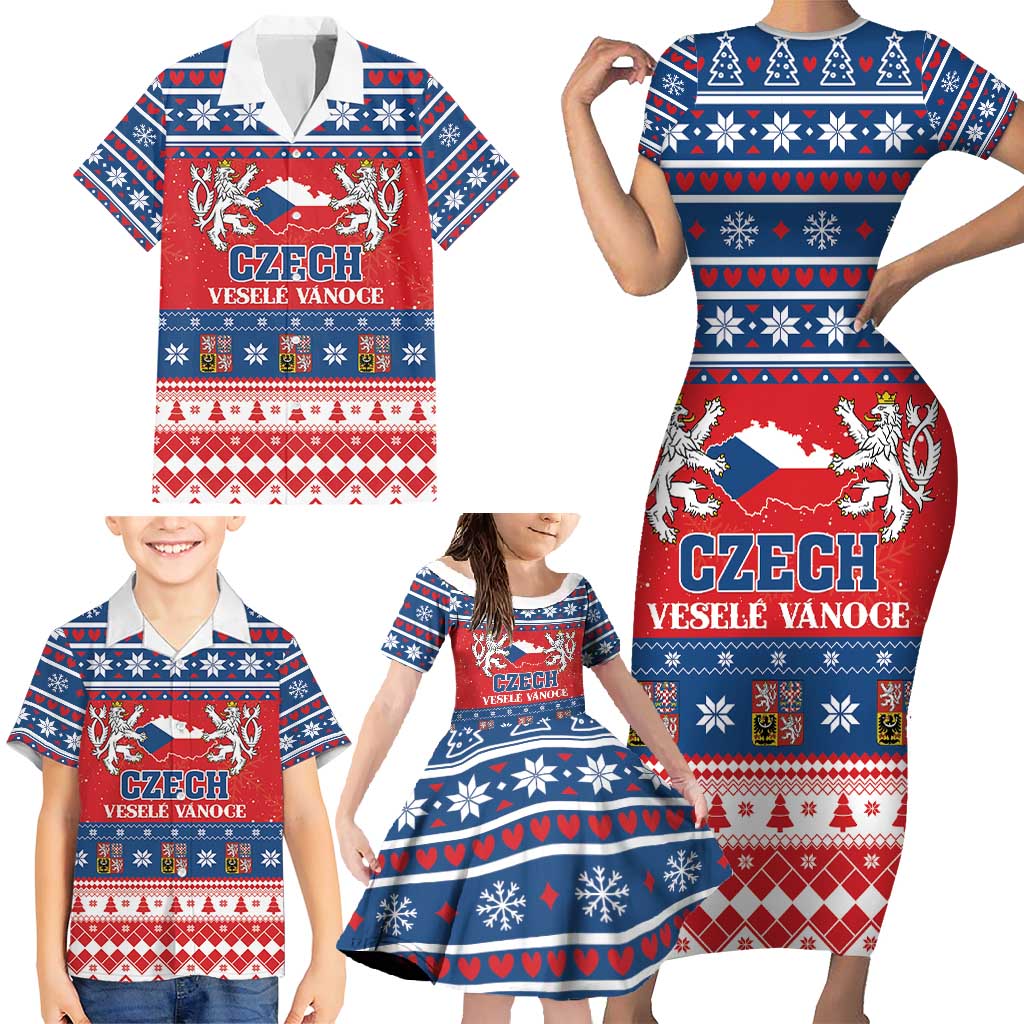 Personalized Czech Republic Christmas Family Matching Short Sleeve Bodycon Dress and Hawaiian Shirt Czechia Vesele Vanoce - Wonder Print Shop