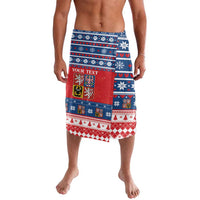 Holiday patterned shorts in red, blue, white with 'YOUR TEXT' front panel