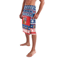 Side view of holiday shorts in red, blue, white with decorative crest and 'YOUR TEXT'