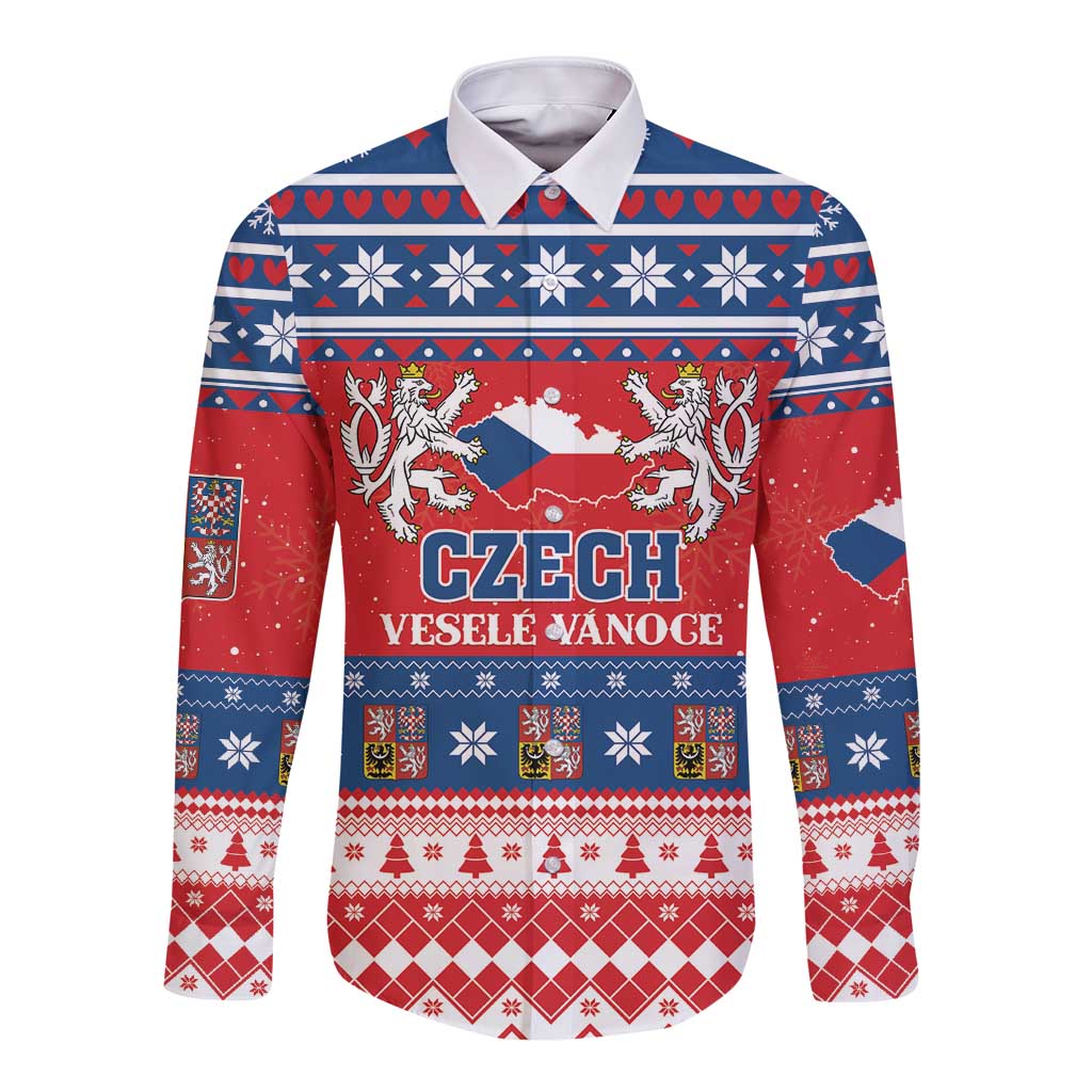 Red long-sleeve button shirt with Czech holiday graphic and snowflake pattern