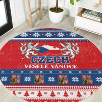 Round Czech Christmas carpet with red, blue, and white patriotic holiday print
