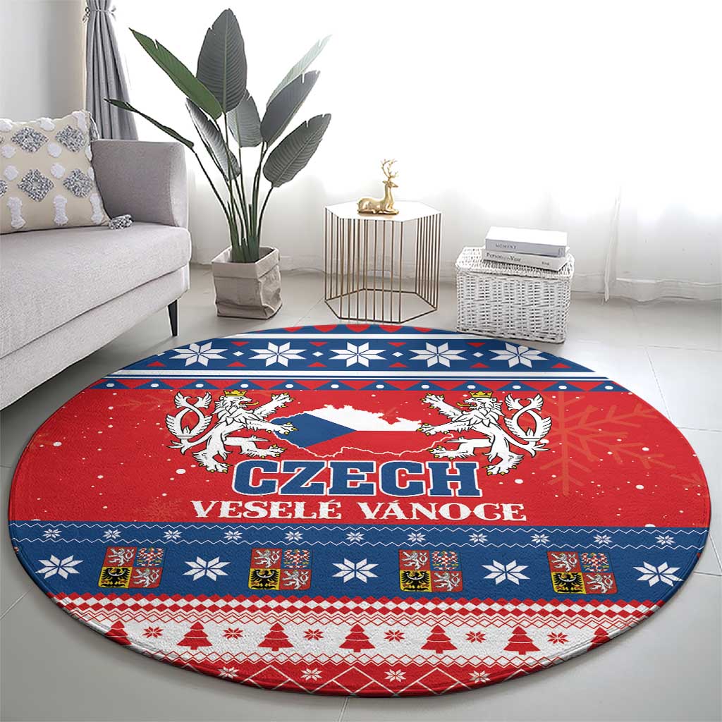 Red round Christmas carpet with blue-and-white festive pattern, Czech lions crest and text