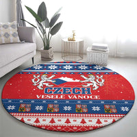 Red round Christmas carpet with blue-and-white festive pattern, Czech lions crest and text