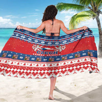 Red, white, and blue Czech holiday sarong with central crest and decorative stripe border