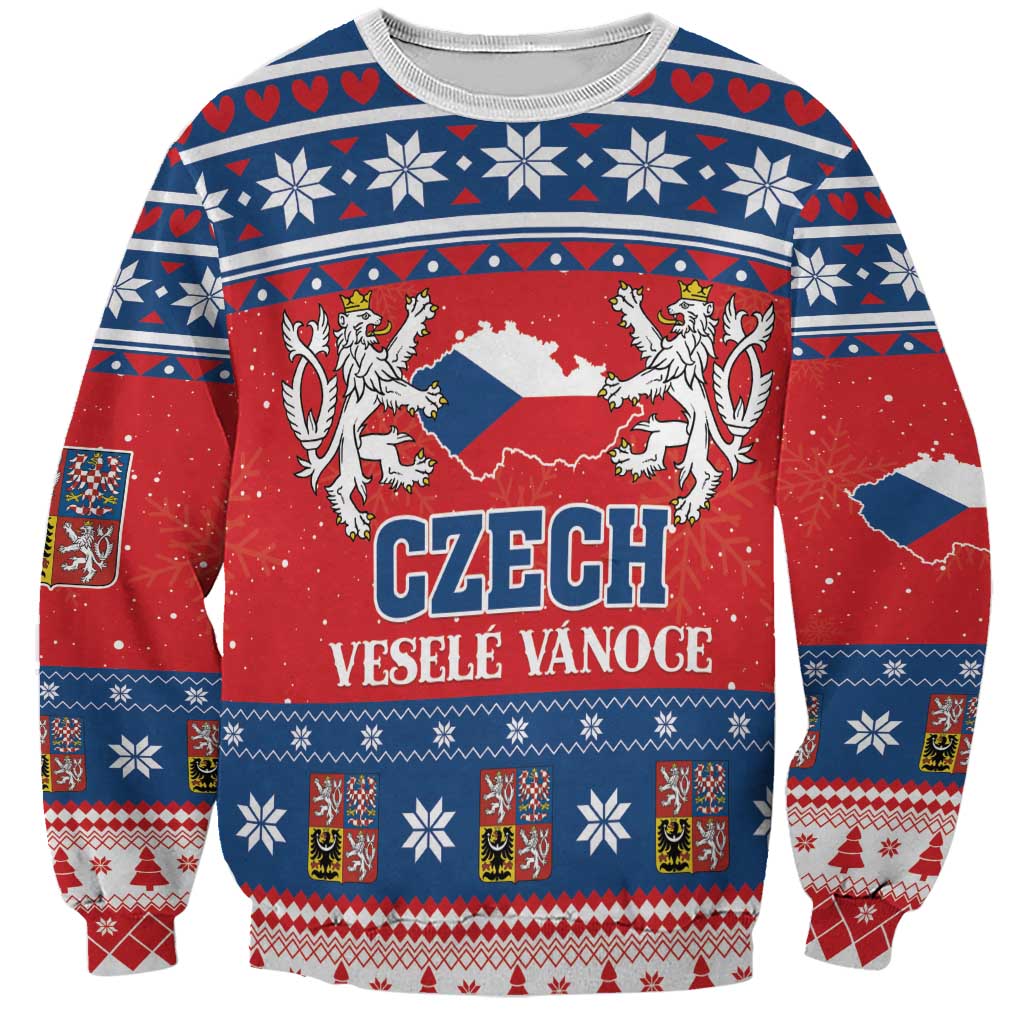 Red unisex Christmas sweatshirt with Czech crest and map graphic, patterned yoke