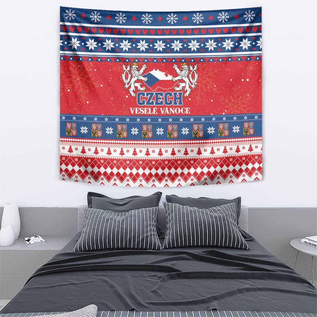 Red Czech Christmas tapestry with crest, snowflakes, and blue-and-white patterned trim
