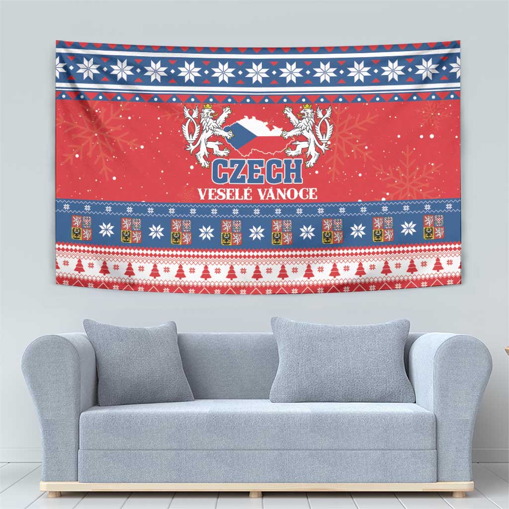 Red Czech Christmas tapestry wall hanging with central crest and decorative Nordic stripes