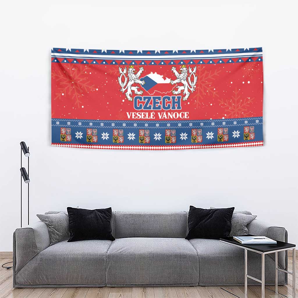 Red Czech Christmas tapestry wall hanging with CZECH crest, snowflakes, and geometric band