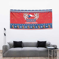 Red Czech Christmas tapestry wall hanging with CZECH crest, snowflakes, and geometric band