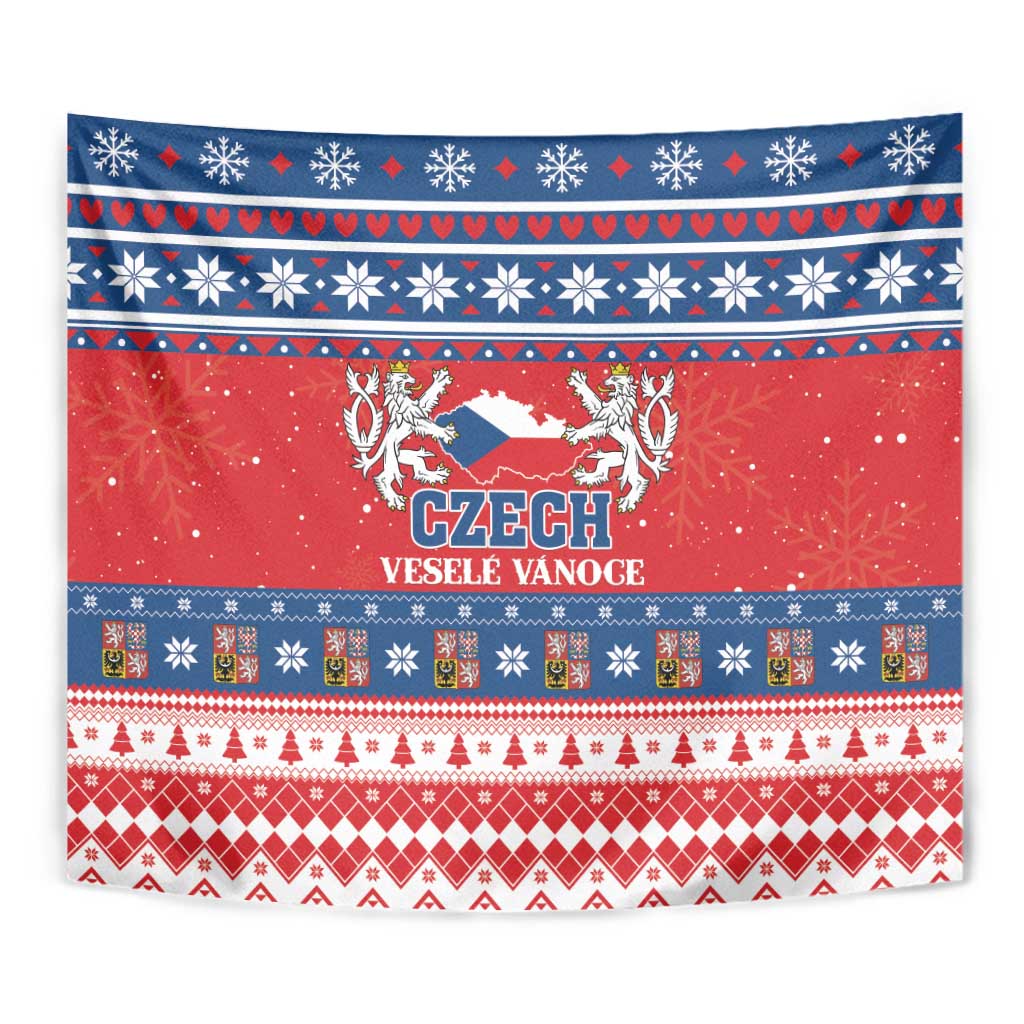 Red Czech Christmas tapestry with Czech crest, snowflake motifs, and festive blue border
