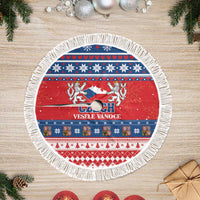 Red round Christmas tree skirt with fringe edge and Czech-themed emblem pattern